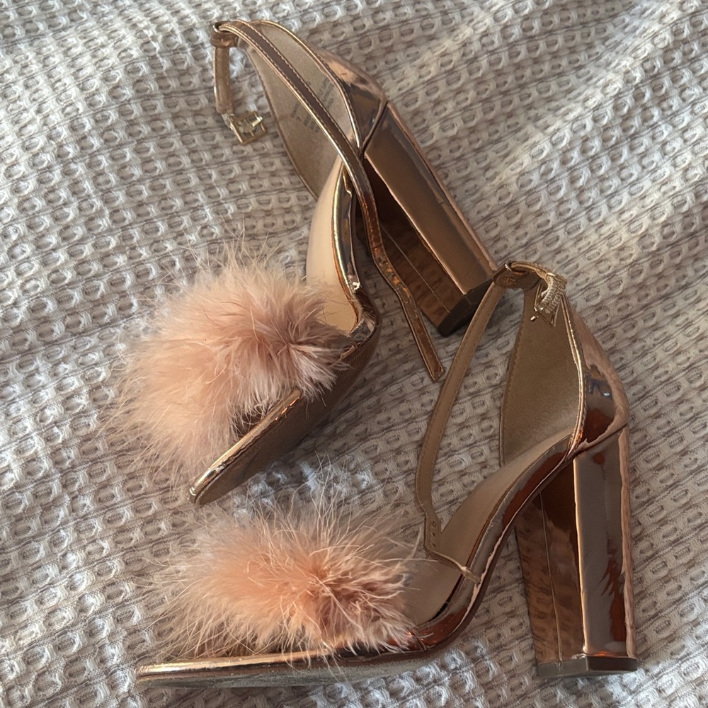 Charlotte Russe Rose Gold Heels with Fluffy Accents